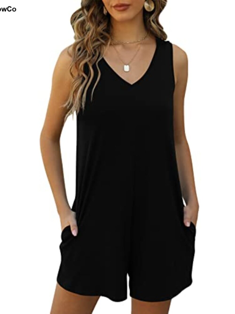 V Neck Tank Romper Sleeveless Loose Casual Shorts Jumpsuit with Pockets